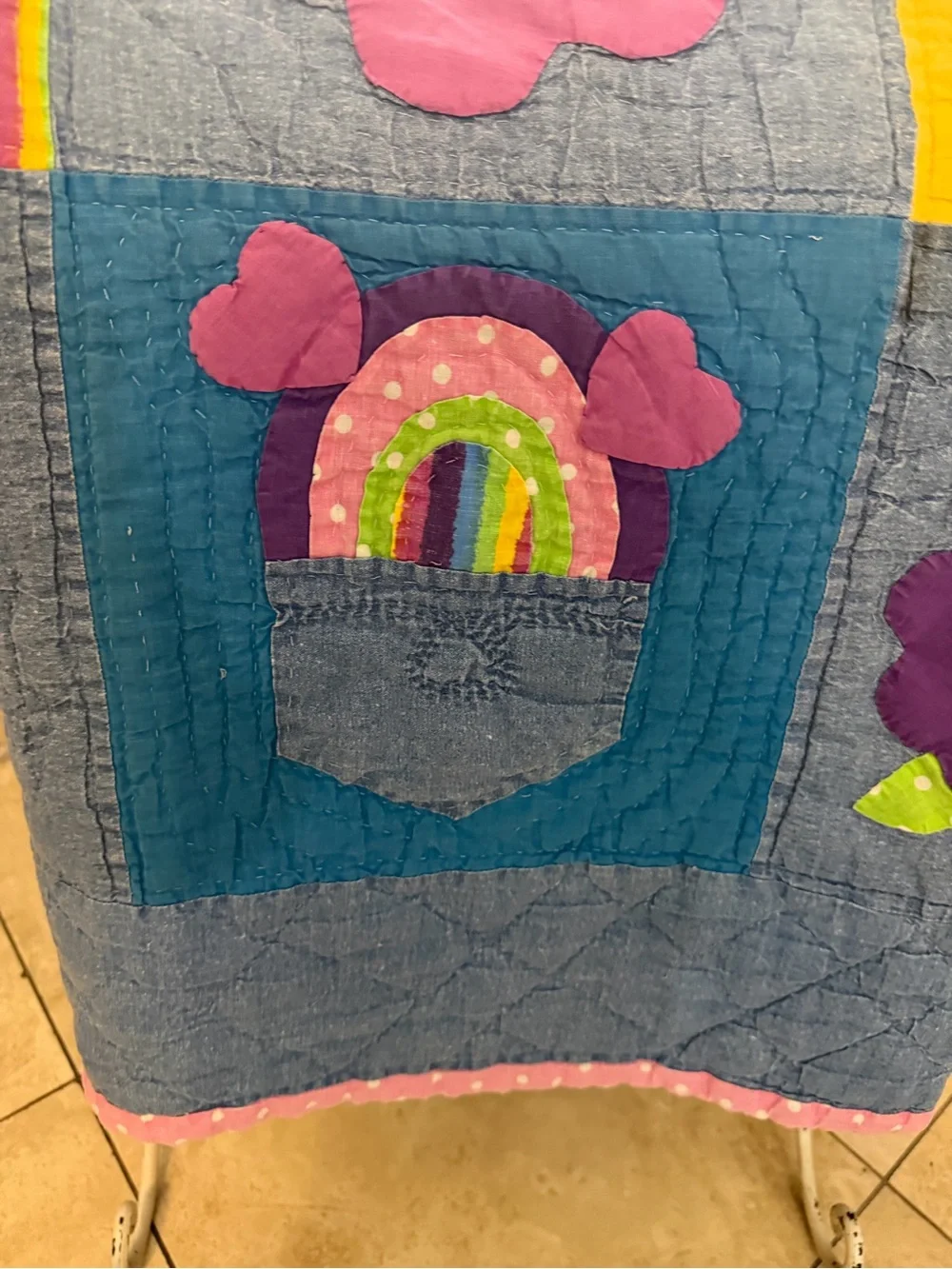 Vintage Handmade Applique Rainbow Quilt Twin 80x80” Floral Butterfly Patchwork